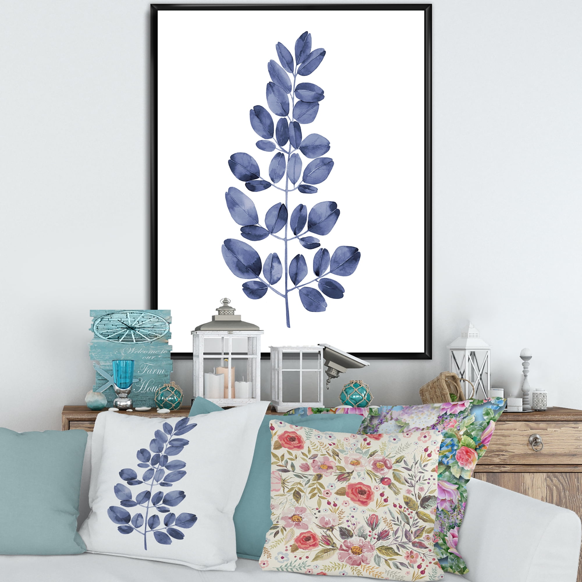 Designart 'Navy Blue Eucalyptus On White' Traditional Framed Canvas Wall Art Print