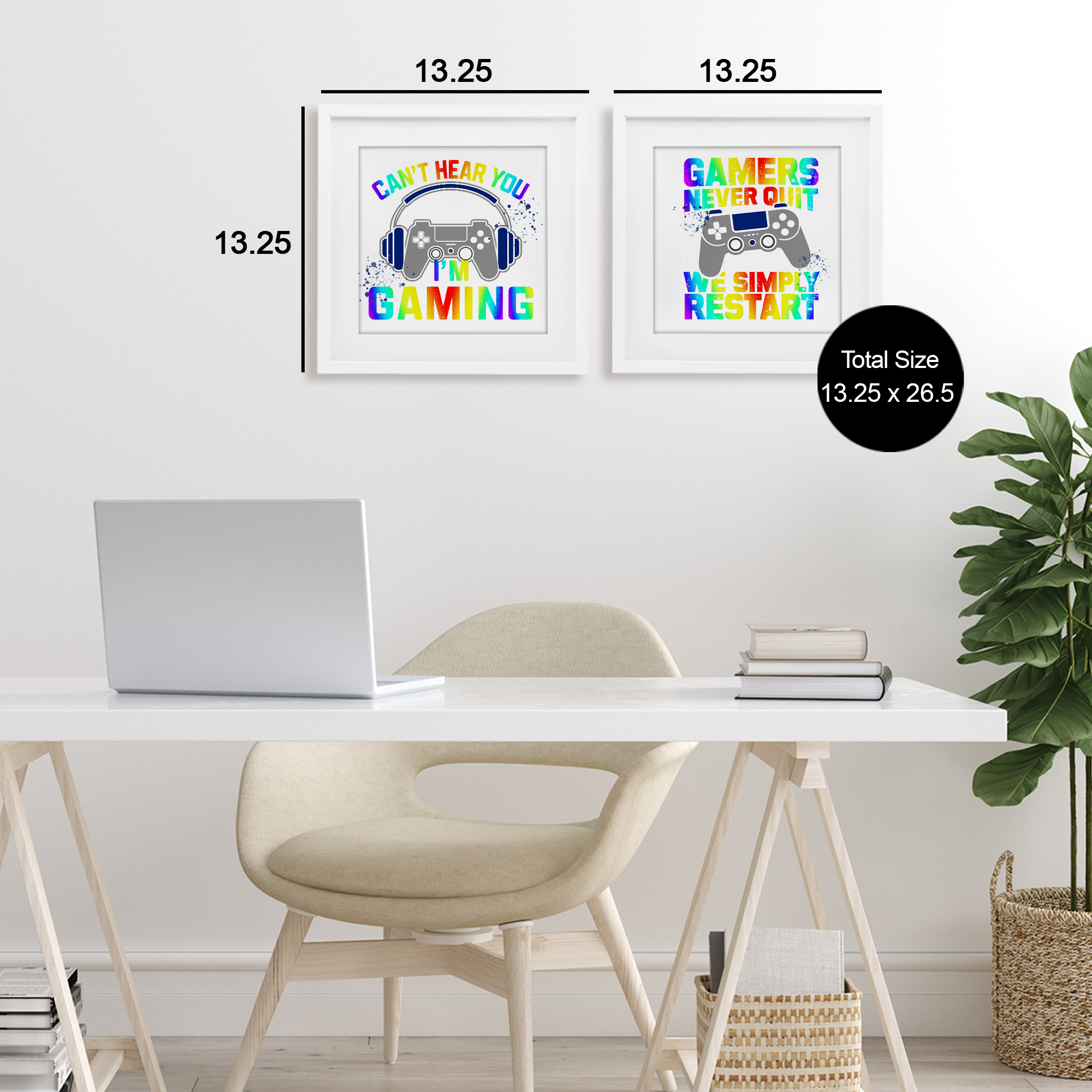 Rainbow Retro Gaming Phrases 2 Piece White Framed Print Under Glass Set, design by Kim Allen