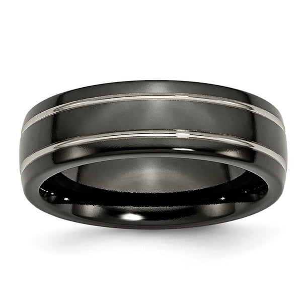 Jewelry Titanium Black with Grey Grooves 7mm Band Ring Ring Size