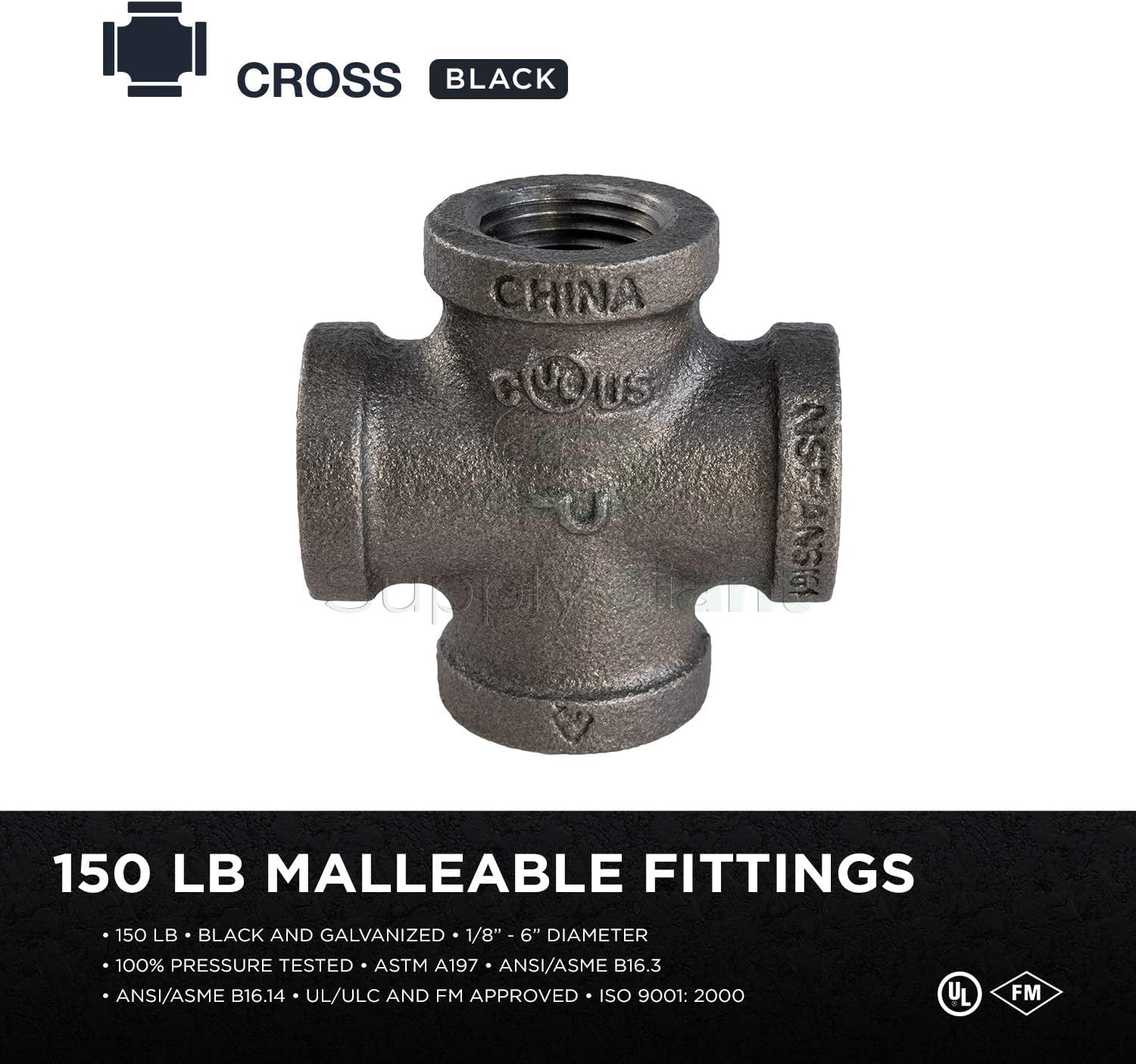 Supply Giant BMCR0112 Black Malleable Cross Fitting, 1-1/2"