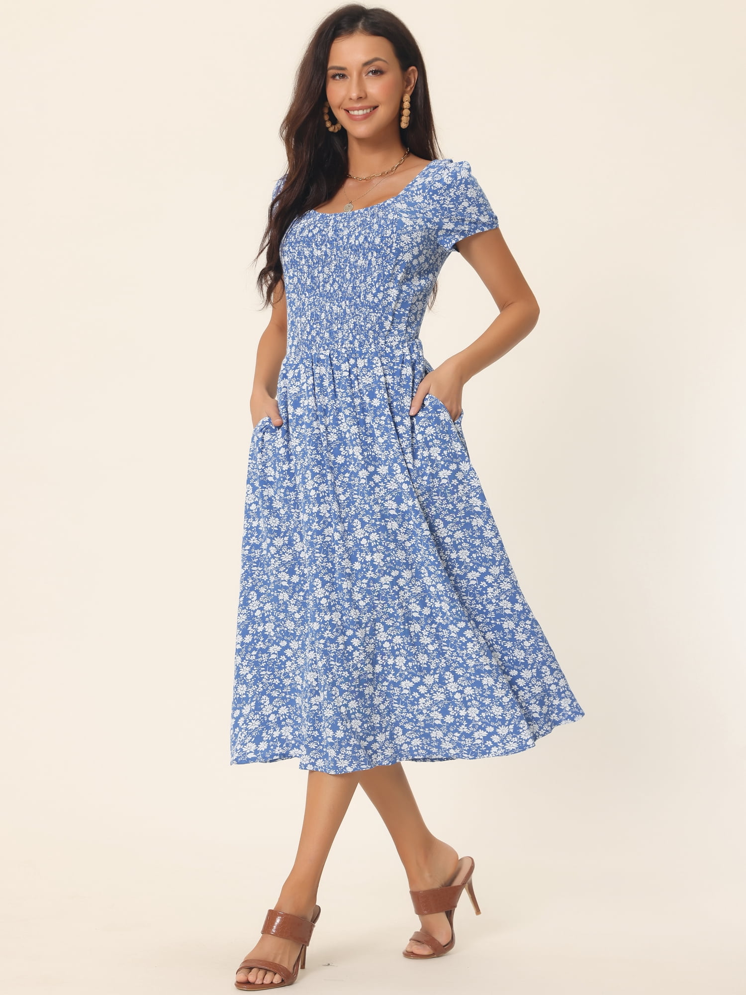 DARING DIVA Crew Neck Short Sleeve Midi Floral Blouse L Blue