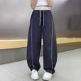 thumbnail image 4 of lnmuld Kids Contrast White Piping Track Pants Elastic Drawstring High Waist Thin Loose Jogger Casual Sport Bottoms Size:7-8 Years, 4 of 6