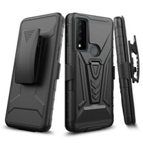 For TCL 30 V 5G Case Holster Belt Clip Kickstand Design Phone Cover With Free Tempered Glass Screen Protector - Black