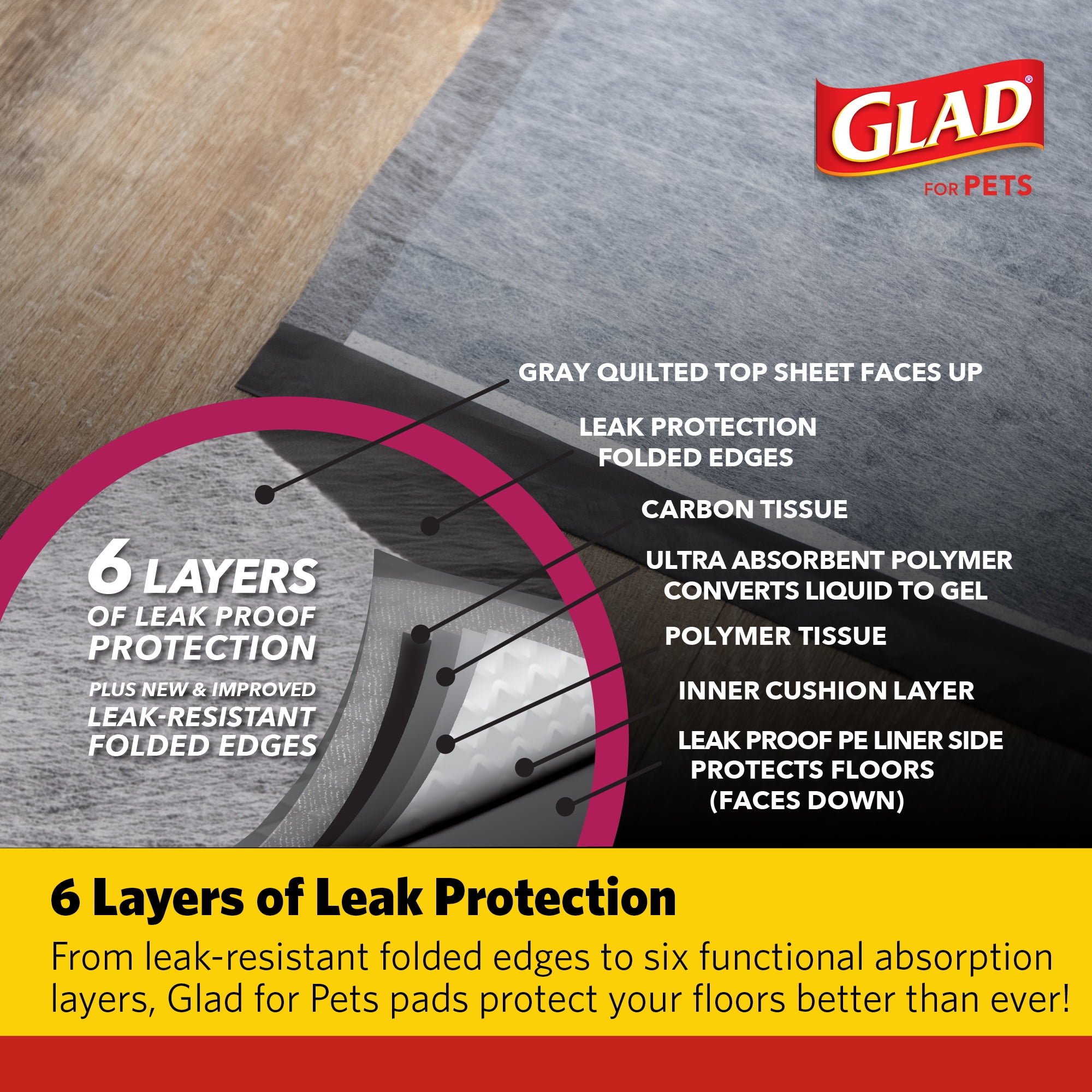 Glad Activated Carbon Puppy Dog Training Pads with Chew Deterrent & Odor Control 23”x23” 50ct