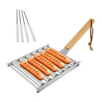 Hot Dog Roller, Stainless Steel Sausage Roller Rack with Wood Handle, BBQ Hot Dog Griller for Evenly Cooked Hot Dog