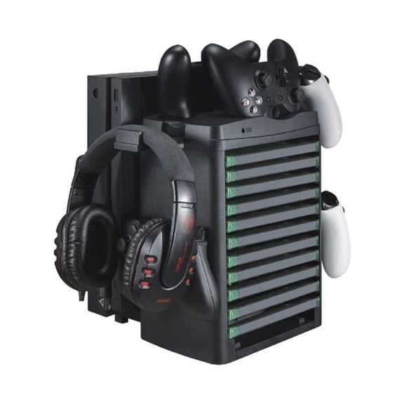 Xbox One X, Xbox One S, and Xbox One Cooling Stand with Disc Storage, Controller Charging, and Headset Holder