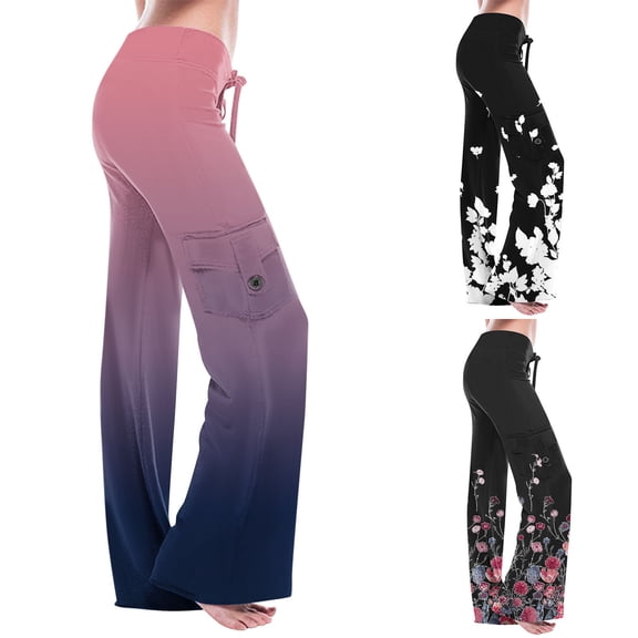 safuny Women's Wide Leg Skinny Cargo Pants Casual Comfy Daily Floral Gradient Relaxed Girls Trousers Fashion Teen High Elastic Waist Drawstring Dark Blue S