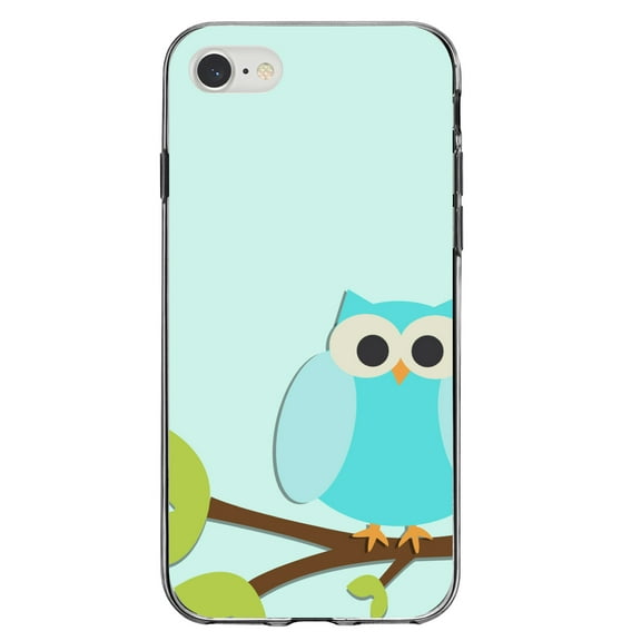 DistinctInk Clear Shockproof Hybrid Case for iPhone 7 8 SE (2020 Model) 4.7" Screen TPU Bumper Acrylic Back Tempered Glass Screen Protector - Blue Owl Cartoon - Cartoon Owls