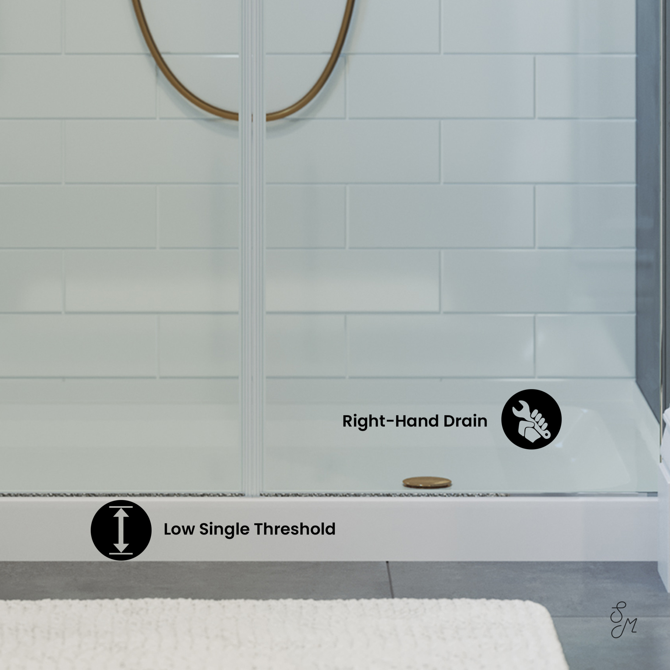 Voltaire 48" x 36" Acrylic White, Single-Threshold, Right Drain, Shower Base
