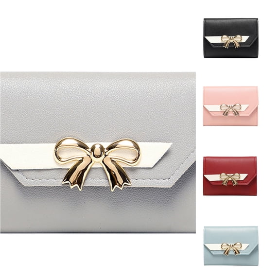 CUZIBR Color Block Small Card Wallet With Gold Metal Bow Mini Purse Multi Card Pocket Clutch For Teen Girls Daily Shopping Travel Everyday Outdoor Use