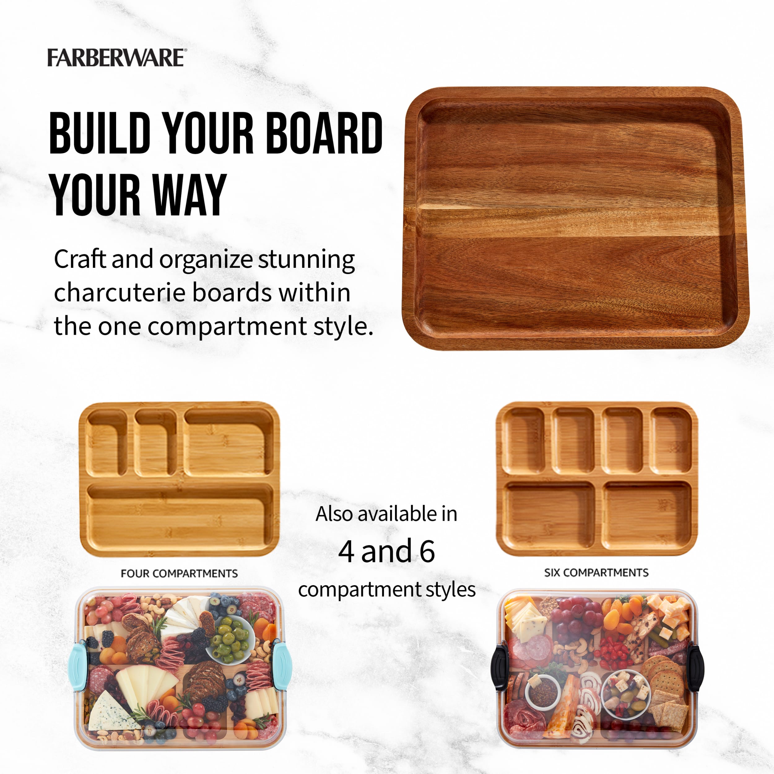 Farberware Build-a-Board Acacia Board, Single Compartment, Locking Lid, Charcuterie, 11x14, White