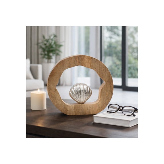 Decorative Mango Wood Sculpture with Figurine for Home Decor - Casual Ornament Accent for Bathroom Vanity, Office Space, or Living Room Decor - Ideal Shelf or Coffee Table - 10", Brown & Silver