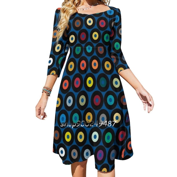 Vestido de vinilo azul con escote cuadrado, dulce vestido de verano para mujer, elegante vestido con cuello halter, estampado de discos de vinilo, música, retro, estampado vintage, lunares