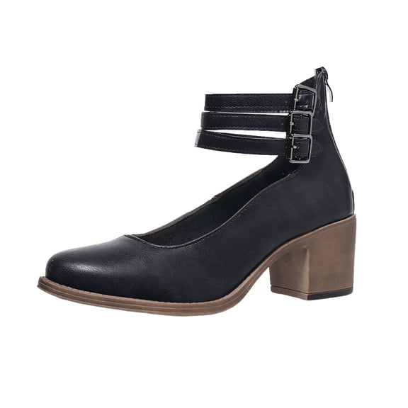 YLYL Women's Mary Jane Shoes Triple Buckle Ankle Strap Chunky Mid Heel Round Toe Fashion Dressy Shoes