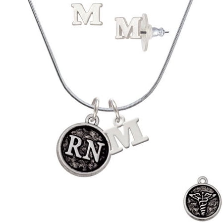 Nurse Caduceus Seal – RN – M Initial Charm Necklace and Stud Earrings Jewelry Set