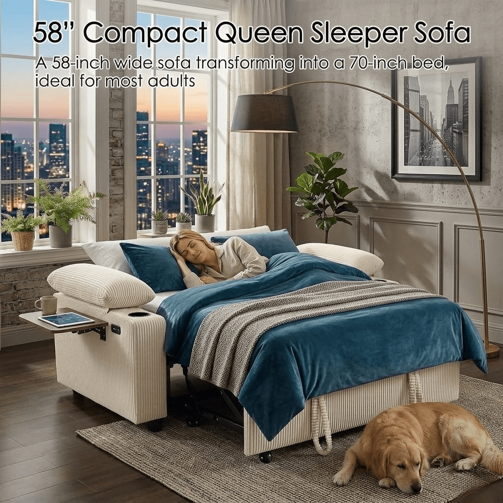 Howcool 58" Sleeper Sofa Bed, Convertible Pull Out Couch Bed Corduroy Loveseat with Adjustable Backrest, USB Charging Ports, Cup Holders & Foldable Side Table for Living Room Apartment,Beige