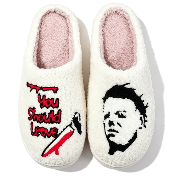 Qaltryn Halloween Novelty House Slippers for Women Unisex Fuzzy Plush Warm Non Slip Indoor Holiday Gift
