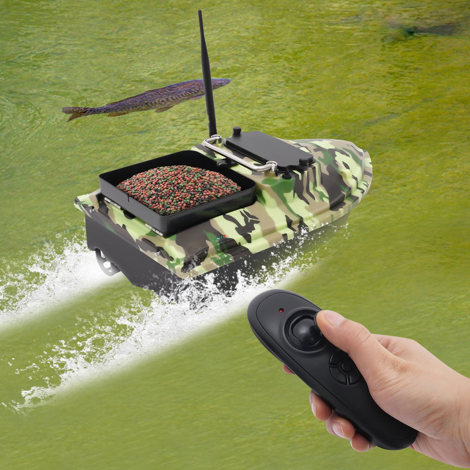 500m Remote Camouflage Bait Boat – Dual 5200mAh Batteries, 2-3h Endurance, Night Fishing Lights – for Lakes & Seas