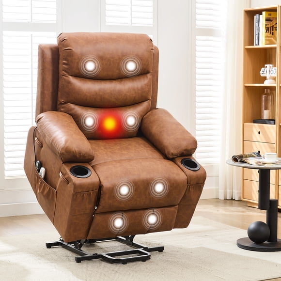 Oversized Power Lift Recliner Chair for Elderly - PU Leather, Vibration Massage & Lumbar Heating - 2 Cup Holders & Side Pockets - Assisted Standing Sofa for Living Room - PU Vintage Brown