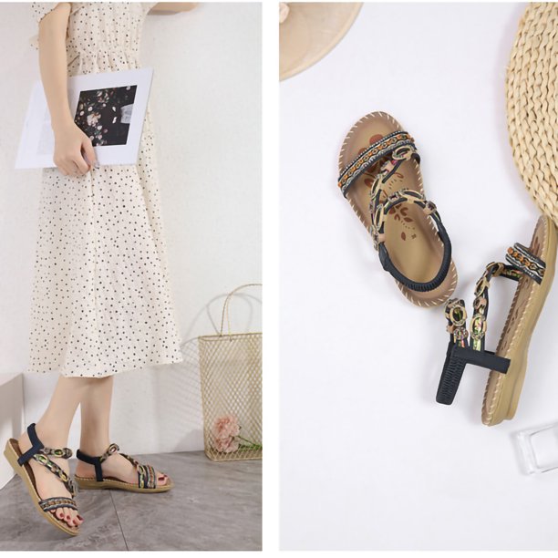 Sandalias de playa con diamantes de imitación y flores planas bohemias Wmkox8yii nm1249