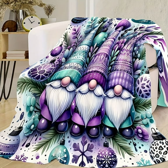 Cozy Christmas Gnome & Bell Print Flannel Throw Blanket - Soft, Warm, All-Season Nap Blanket for Couch, Office, Bed, Camping & Travel - Hypoallergenic, Machine Washable