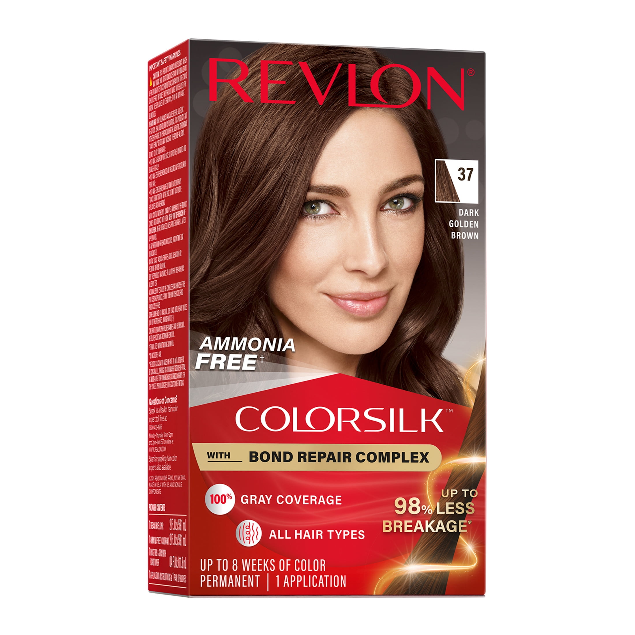 (3 pack) Revlon ColorSilk Permanent Hair Color, Bond Repair Complex, 37 Dark Golden Brown, 1 pack