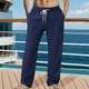 thumbnail image 1 of Pantalones largos para hombre, informales, de color liso, finos, con cintura elástica y bolsillo con cordón, holgados, de playa, de pierna recta, de poliéster., 1 of 9