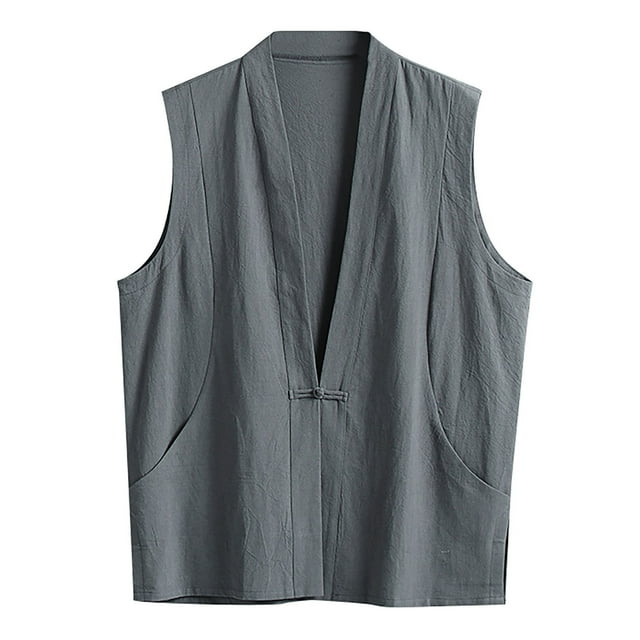 Gilet d'Été Sans Manches en Coton Lin avec Boucle Vintage pour Hommes
