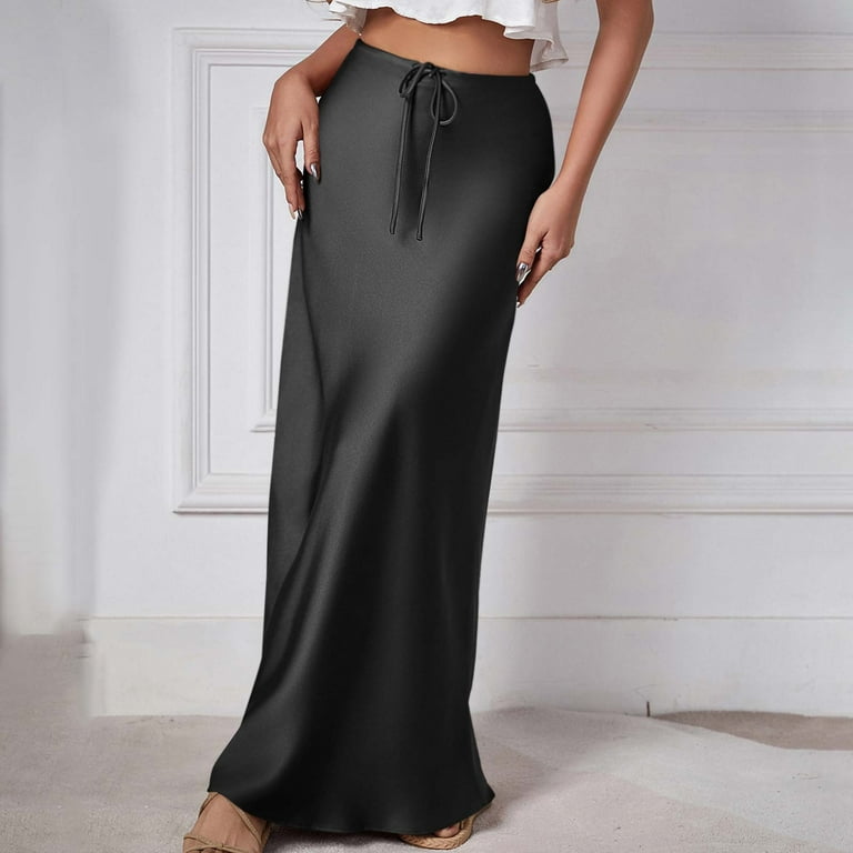 FAIWAD Women's Long Silk Satin Skirt Drawstring High Waist