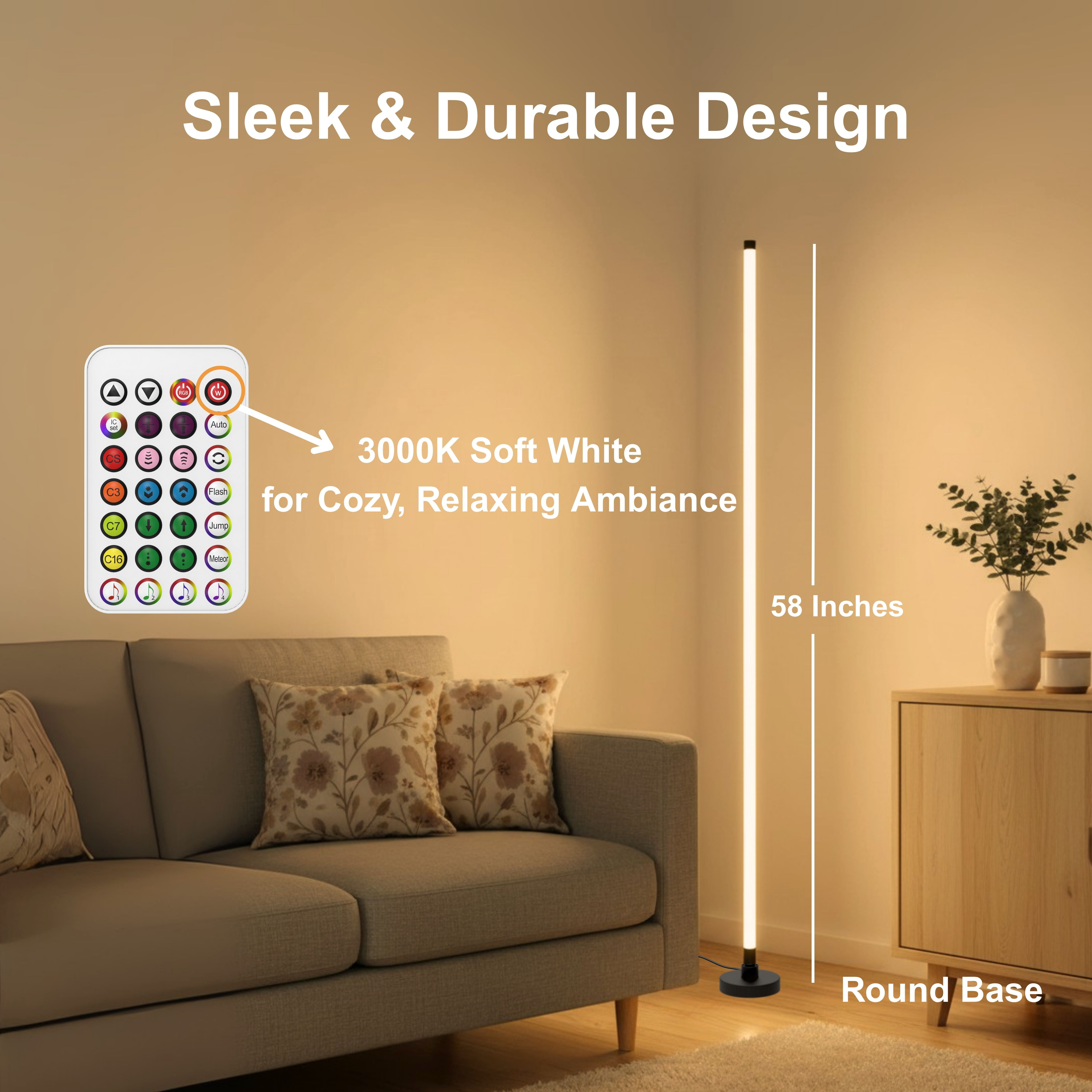 Corner Floor Lamp 58'' RGBICW LED with Music Sync, Remote Control, Color-Changing Ambient Lighting for Living Rooms, Gaming, Home Office (Round Base)