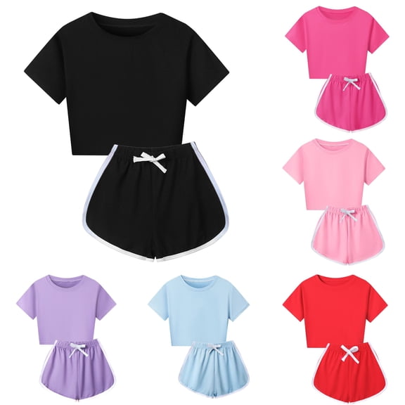 WERYOUNG Children Kid Boys Girls Summer Outfits Short Sleeve Crewneck Solid Color T Shirt Top And Shorts Casual Two Piece Sets Versatile Clothing Sets 3-4 Years