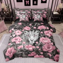 jejeloiu Wildlife Leopard Cheetah 7pcs Bedding Comforter Set,Jungle Animal Queen Bedding Sets,Pink Flower Floral Queen Sheet Sets For Girls Boys,Ultra Soft Home Decor Reversible