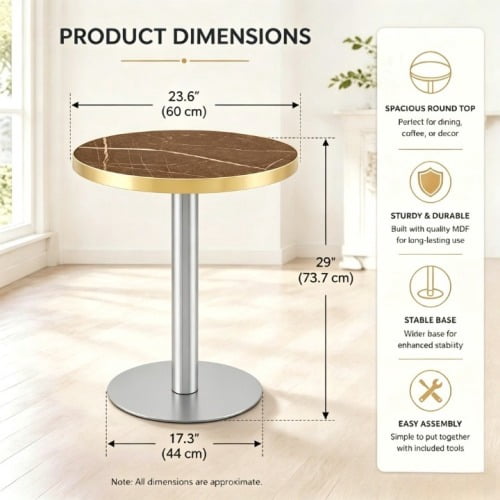 23.6-Inch Round Faux Gray Marble Bistro Table with Stainless Steel Base & Gold Trim Edge, High-Gloss Compact Dining Accent Table for Kitchen Office Balcony