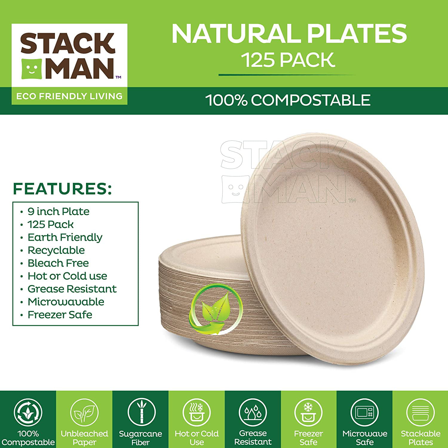 Pureegg Paper Plates 9 inch - 300 Packs, 100% Compostable