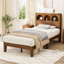 Twin Size Bed Frame with Headboard, Platform Bed Frame with Storage, Walnut