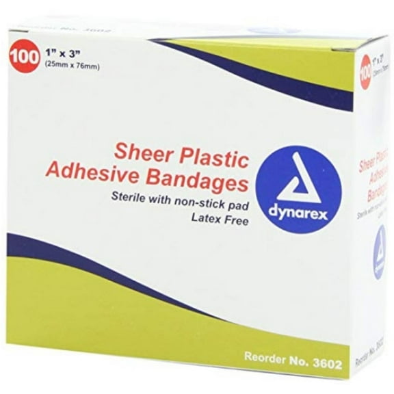 Dynarex Adhesive Strip 1 X 3" Plastic Rectangle Sheer Sterile, 100 ea