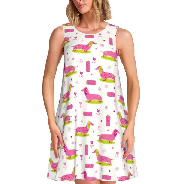 Balery Dachshund Dog Puppy Vestidos de verano para mujer con estampado: vestido holgado sin mangas, vestido playero informal y cómodo para días calurosos.