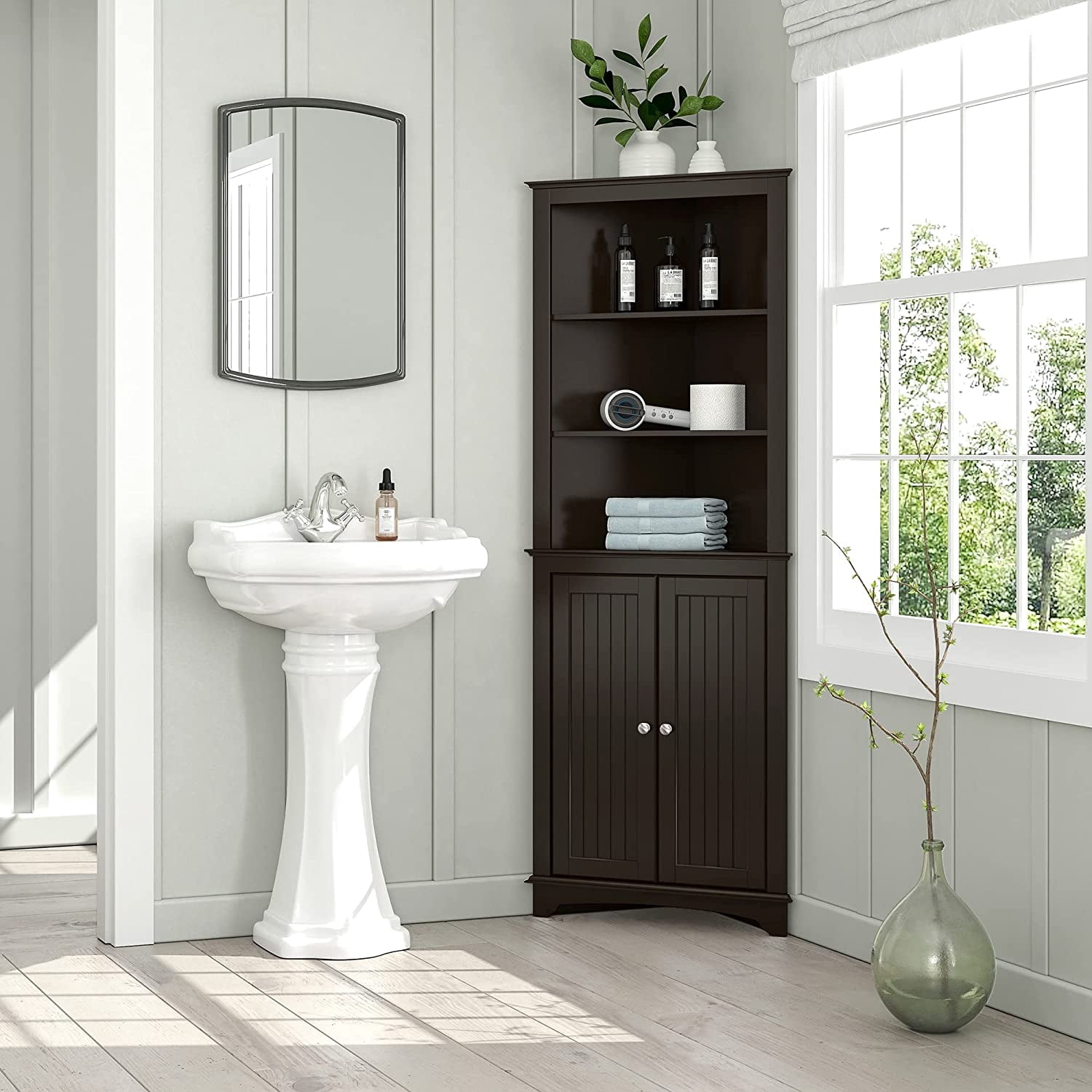 Spirich Tall Corner Cabinet with Adjustable Shelves, Free Standing Storage for Bathroom, Kitchen, Espresso