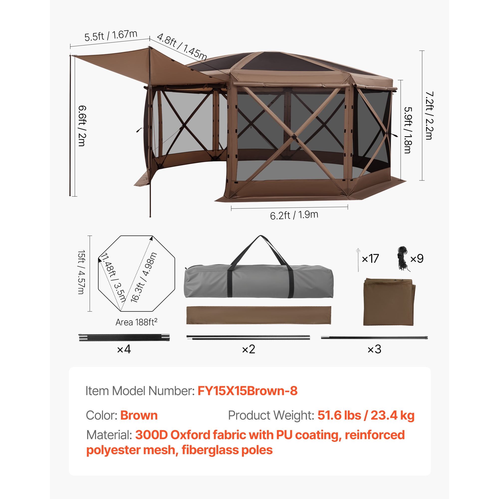 KFFKFF Pop-Up Gazebo Screen Tent, 15 x 15 ft 8-Sided Canopy with Detachable Roof & Storage Bag, Easy Setup & Insect-Resistant, Screened Sun Shelter for 12-15 People Outdoor Use, Brown