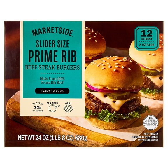 Marketside Slider Size 100% Prime Rib Beef Steak Burgers, 12 Count, 24 oz (Frozen)