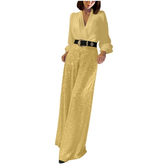 Jumpsuits for Women Long Sleeves V Neck Sequined Jumpsuit Fashion Casual Wide Leg Comfy Trendy Jumpers Fall Winter Resort Wear