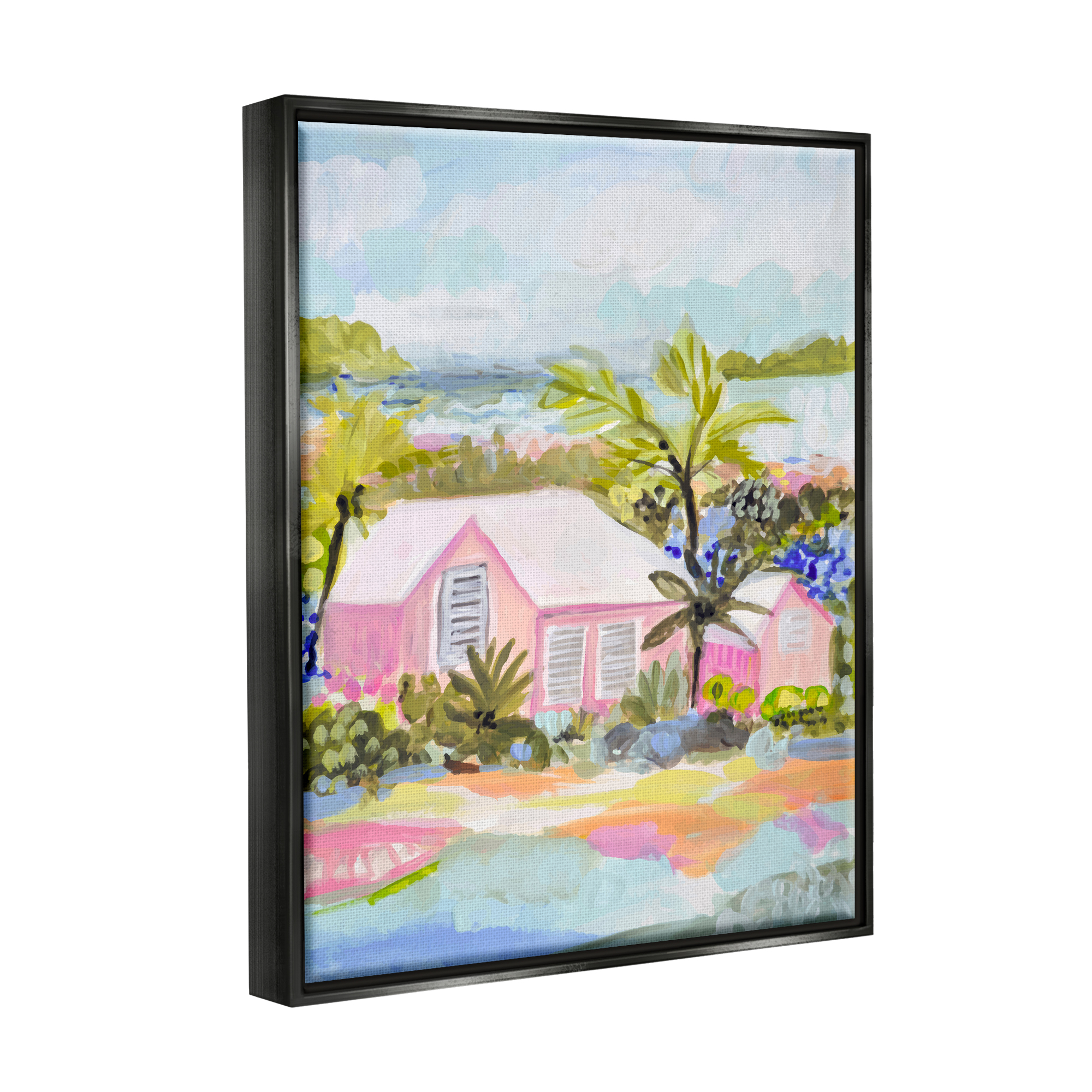Stupell Industries Pink Tropical Cottage Landscape Painting Black Floater Framed Canvas Art Print Wall Art, 17 x 21