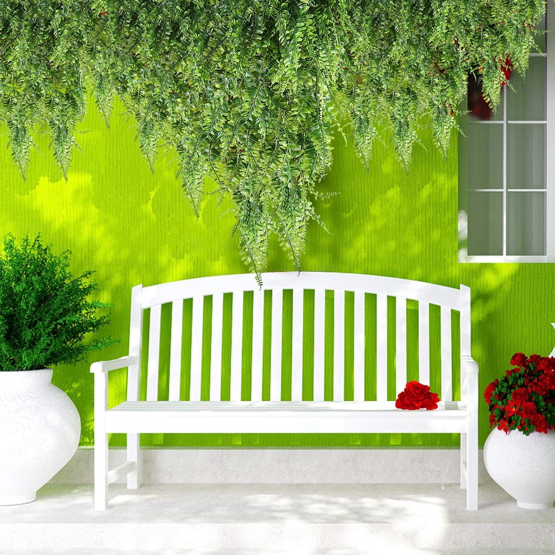 Artificial Plants Vines Ferns Persian Rattan Fake Plant Faux Hanging Boston Fern Flowers Vine Outdoor UV Resistant Plastic Plants for Wall Indoor Hanging Baskets Wedding Garland Decor-2 pcs