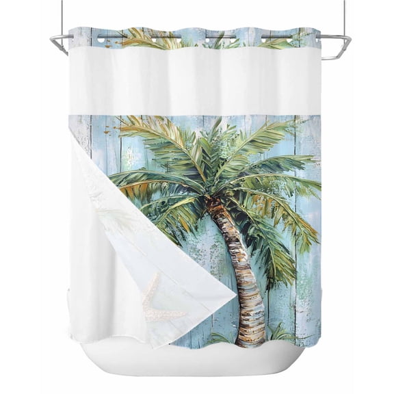 No Hook Shower Curtains with Snap in Liner, Coastal Blue Green Tree Fabric Shower Curtain, Beach Tropical Plant Wood Grain Double Layers & See-Through Top Window Bathroom Curtains 66''x72''