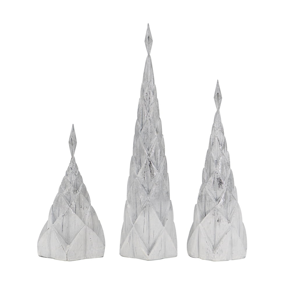 Set of 3 White Polyresin Christmas Trees Silver Foil Finish Star Toppers Tabletop Holiday Decor
