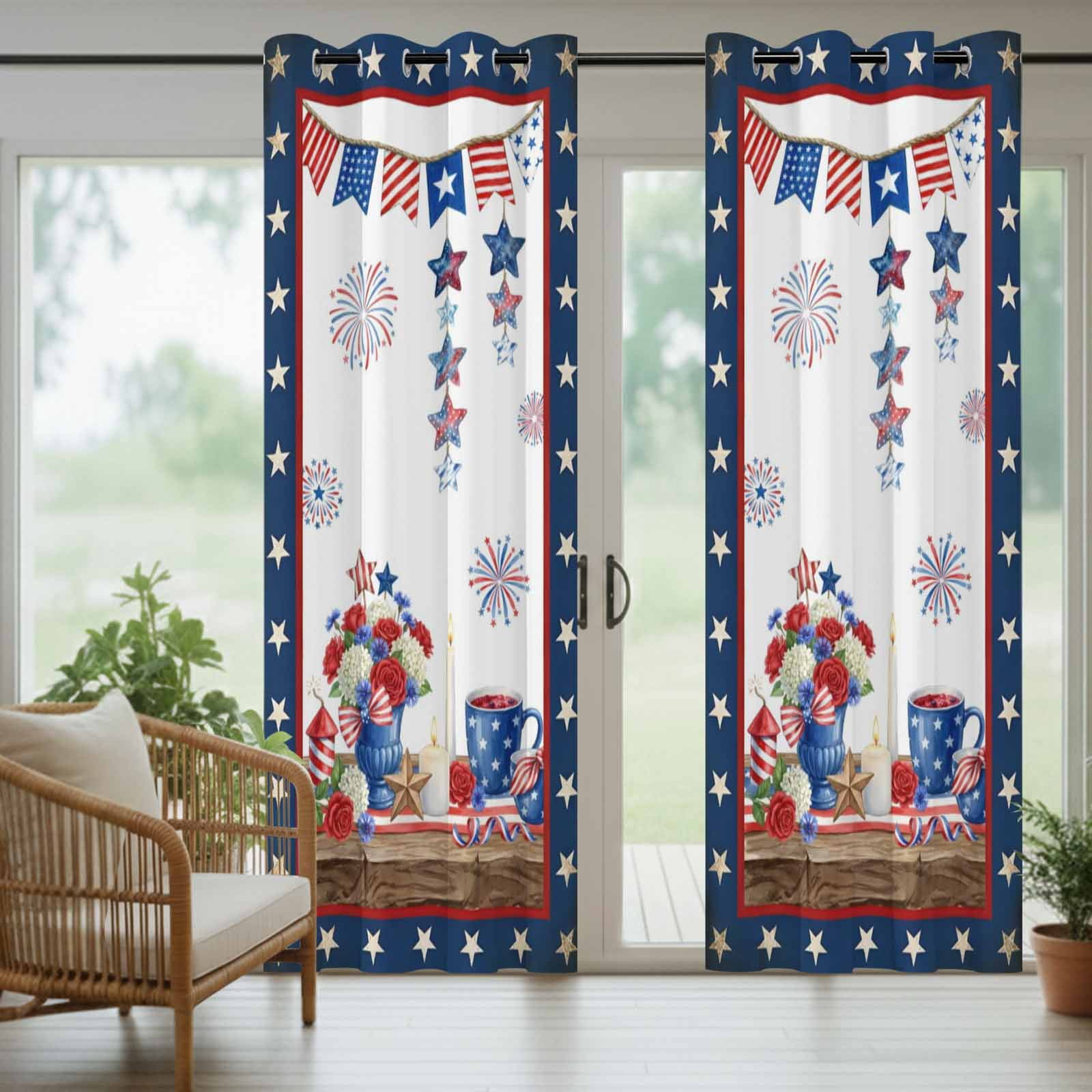 Independence Day Outdoor Curtains for Patio, Retro Red Blue USA Flag Floral Star Sunshade Privacy Drapes Grommet Waterproof Outside Curtains for Porch/Cabana/Balcony 54"x 108", 1 Panel