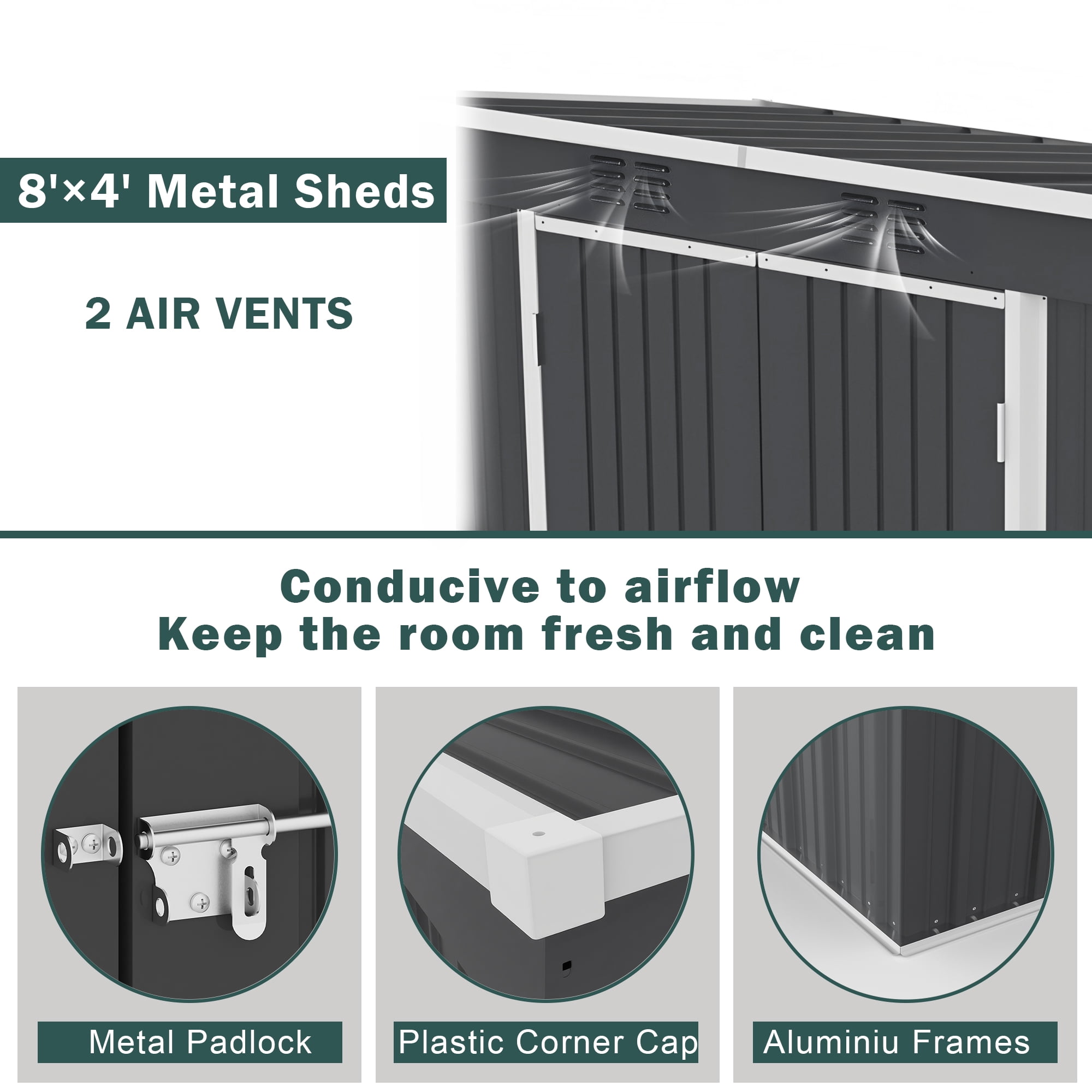 8 x 4 FT Storage Sheds, Galvanized Metal Outdoor Shed with Lockable Door, Heavy Duty Outdoor Storage Cabinet for Garden