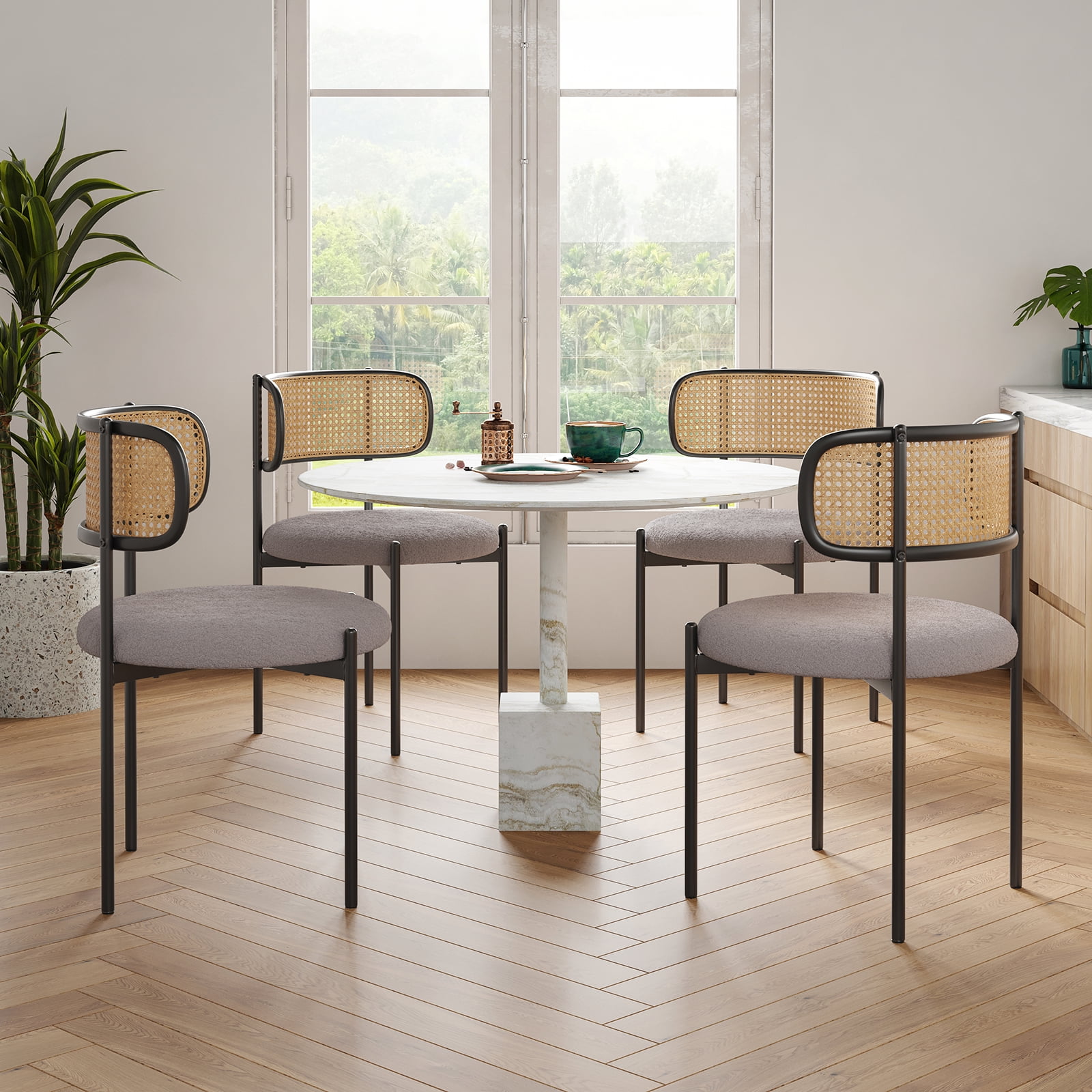 Farini Upholstered Dining Chair Set of 4, Rattan Backrest Kitchen Chair, Light Grey
