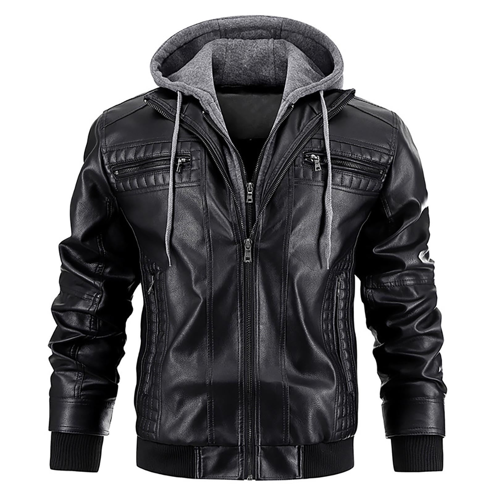 Luwomo PU Leather Jackets for Mens Mens Fall and Winter Long Sleeve Hooded Outdoor Style Coat Tops Black,2XL