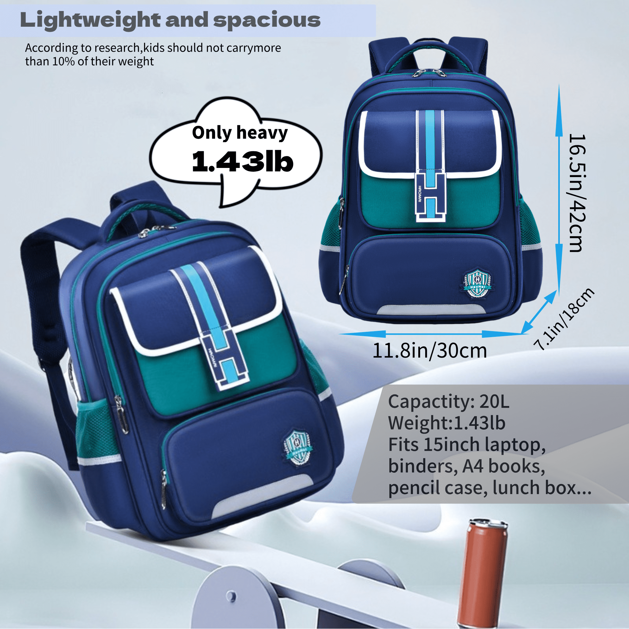 Mochila escolar para niños de preescolar y primaria, multifuncional, linda, gran capacidad, azul 6